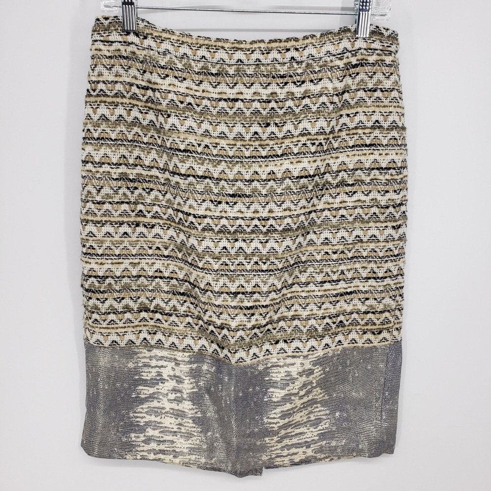 Tory Burch Metallic Tweed Snakeskin Leather Trim Pencil Skirt Women Size 6 Gold
